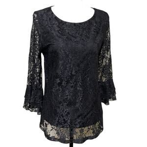 Floral Lace Black Women's Top Blouse Bell Ruffle Sleeve Size Medium Whimsigoth